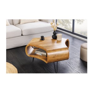 Table basse NERA 70 cm en bois massif d'acacia avec niche et pieds métal noir – style rétro industriel