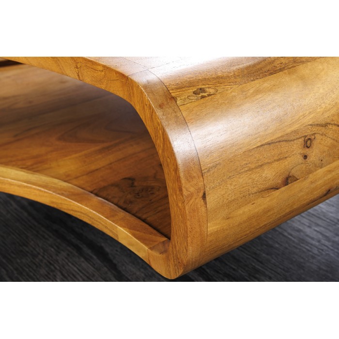 Couchtisch NERA 70 cm aus massivem Akazienholz mit Ablage und schwarzen Metallbeinen – Retro-Industriestil