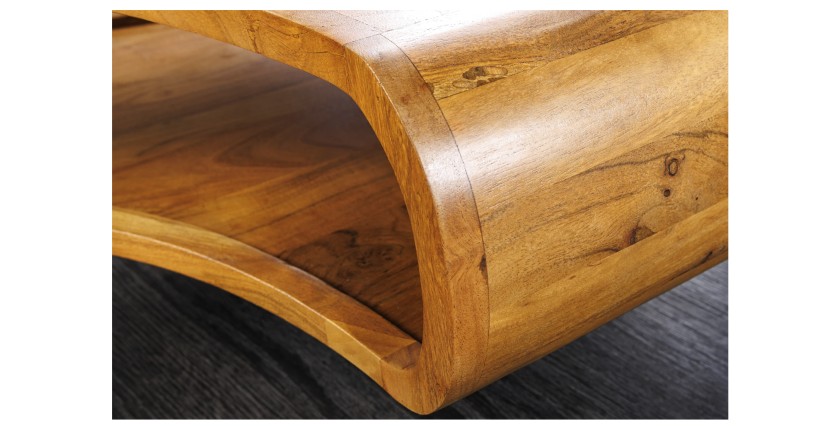 Table basse NERA 70 cm en bois massif d'acacia avec niche et pieds métal noir – style rétro industriel