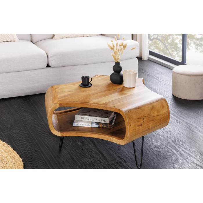 Couchtisch NERA 70 cm aus massivem Akazienholz mit Ablage und schwarzen Metallbeinen – Retro-Industriestil