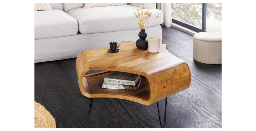 Table basse NERA 70 cm en bois massif d'acacia avec niche et pieds métal noir – style rétro industriel