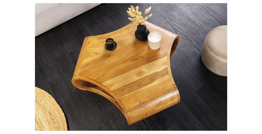Table basse NERA 70 cm en bois massif d'acacia avec niche et pieds métal noir – style rétro industriel