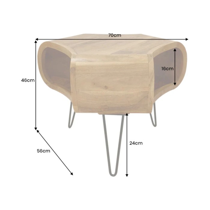 Couchtisch NERA 70 cm aus massivem Akazienholz mit Ablage und schwarzen Metallbeinen – Retro-Industriestil