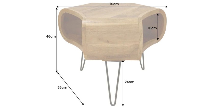 Table basse NERA 70 cm en bois massif d'acacia avec niche et pieds métal noir – style rétro industriel