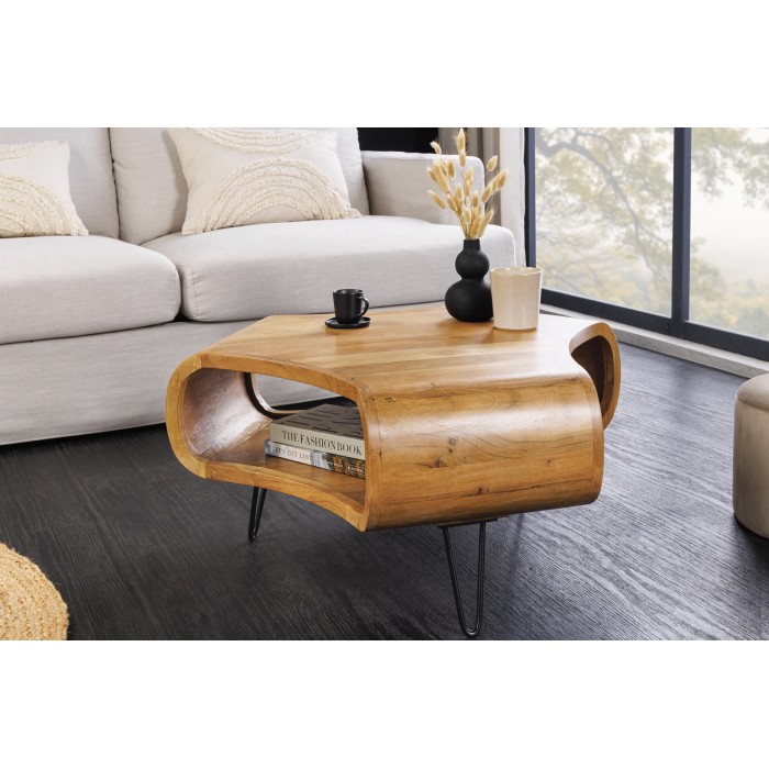 Couchtisch NERA 70 cm aus massivem Akazienholz mit Ablage und schwarzen Metallbeinen – Retro-Industriestil