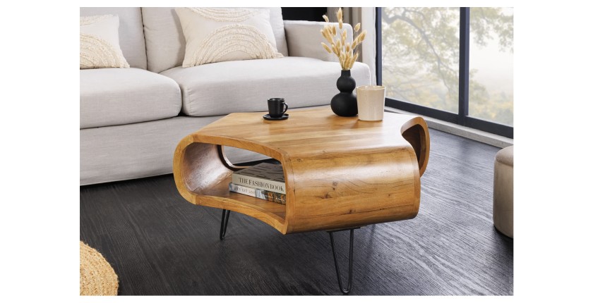 Table basse NERA 70 cm en bois massif d'acacia avec niche et pieds métal noir – style rétro industriel