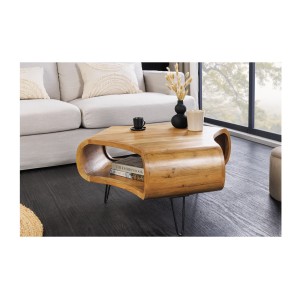 Table basse NERA 70 cm en bois massif d'acacia avec niche et pieds métal noir – style rétro industriel
