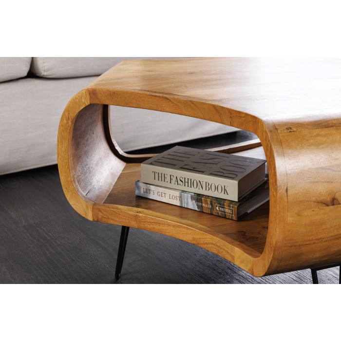 Couchtisch NERA 70 cm aus massivem Akazienholz mit Ablage und schwarzen Metallbeinen – Retro-Industriestil