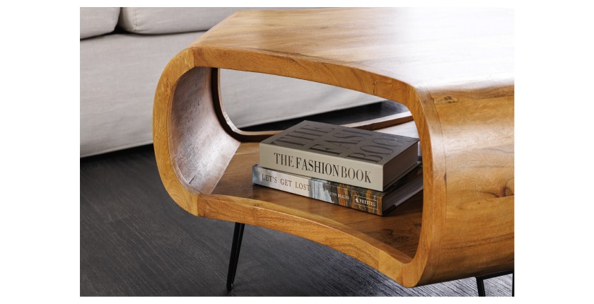 Table basse NERA 70 cm en bois massif d'acacia avec niche et pieds métal noir – style rétro industriel
