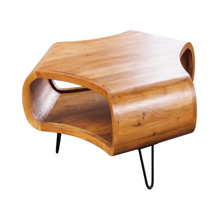 Couchtisch NERA 70 cm aus massivem Akazienholz mit Ablage und schwarzen Metallbeinen – Retro-Industriestil