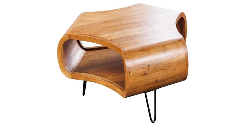 Table basse NERA 70 cm en bois massif d'acacia avec niche et pieds métal noir – style rétro industriel