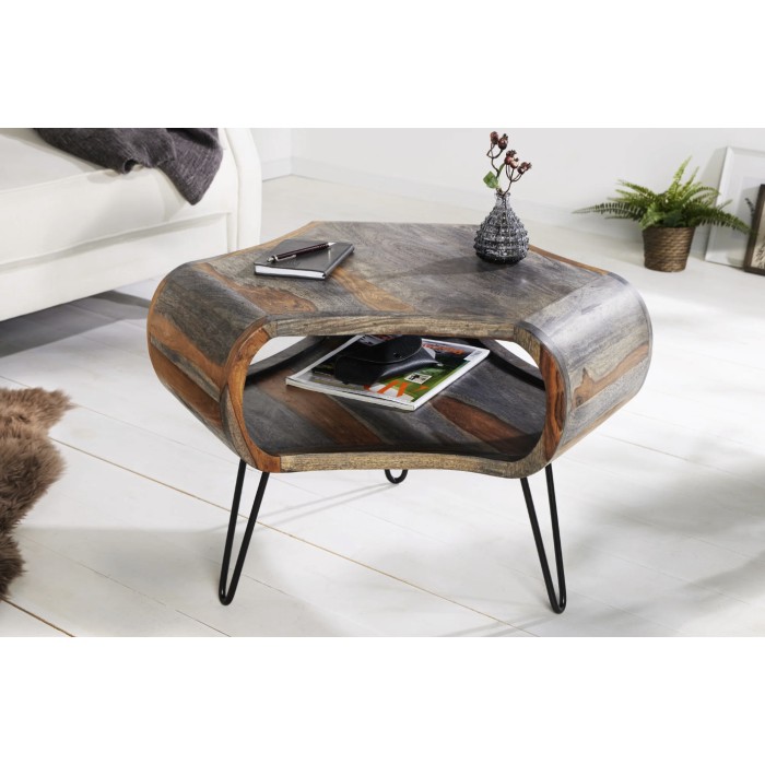 Salontafel NERA 70 cm in massief Sheesham hout bruin en grijs met nis - retro industriële stijl