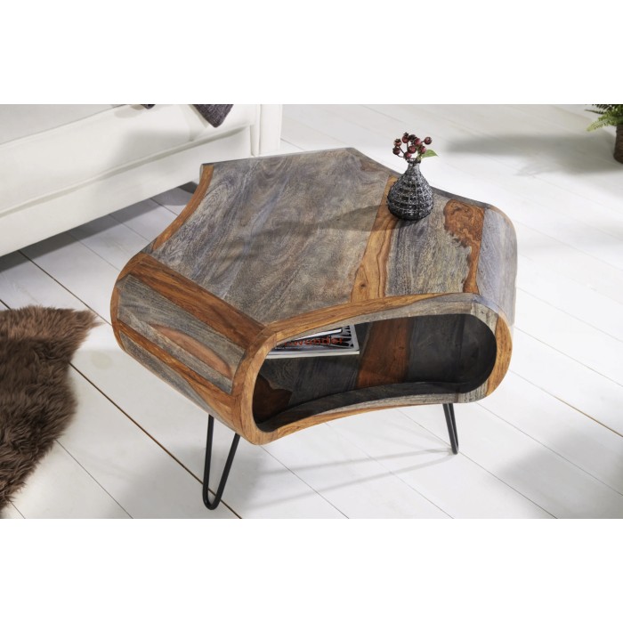 Salontafel NERA 70 cm in massief Sheesham hout bruin en grijs met nis - retro industriële stijl