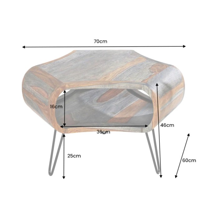 Salontafel NERA 70 cm in massief Sheesham hout bruin en grijs met nis - retro industriële stijl