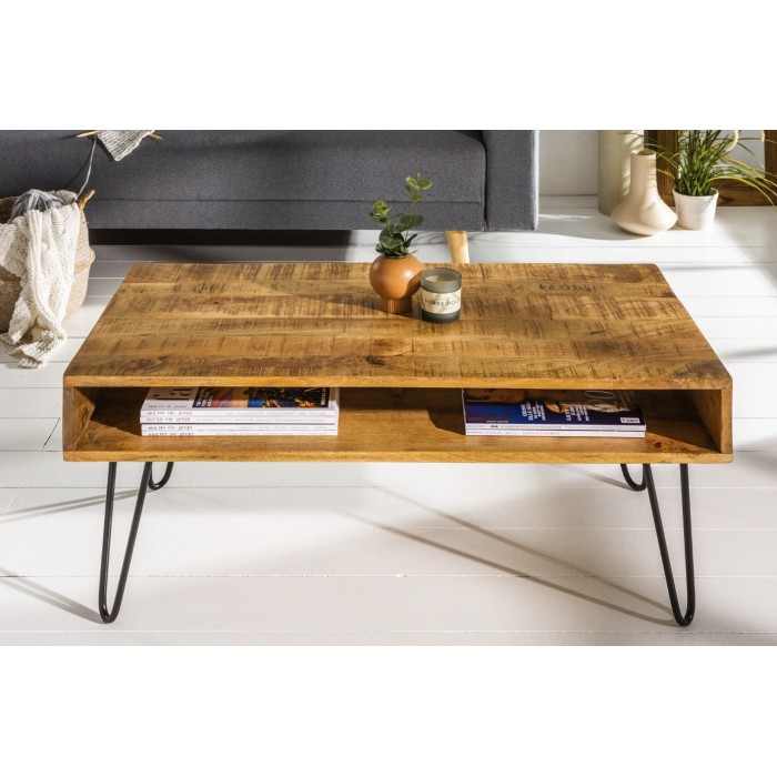 Tavolino SILVA 100 cm in legno di mango massiccio e metallo nero – 2 nicchie