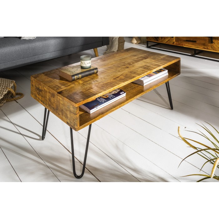 Tavolino SILVA 100 cm in legno di mango massiccio e metallo nero – 2 nicchie