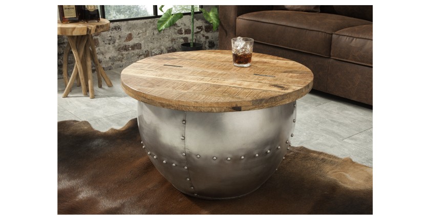 Table basse ORVIK 68cm en bois de manguier et structure clair mise en situation