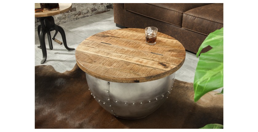 Table basse ORVIK 68cm en bois de manguier et structure clair vue de haut