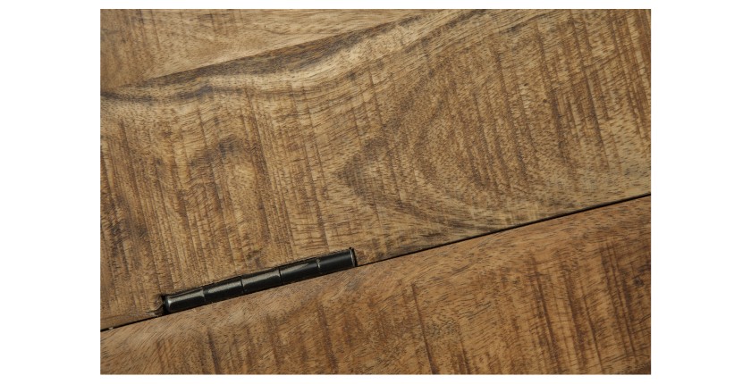 Zoom sur la texture du plateau de la table basse ORVIK 68cm en bois de manguier et structure clair