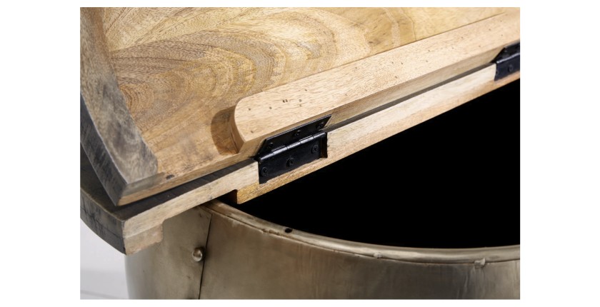 Table basse ORVIK 68cm en bois de manguier foncé ouverte et vue rapprochée