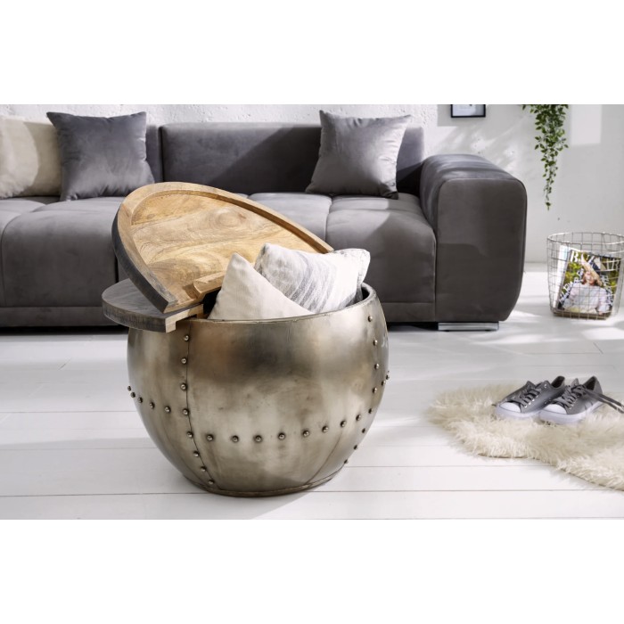 Table basse ORVIK 68cm en bois de manguier foncé ouverte