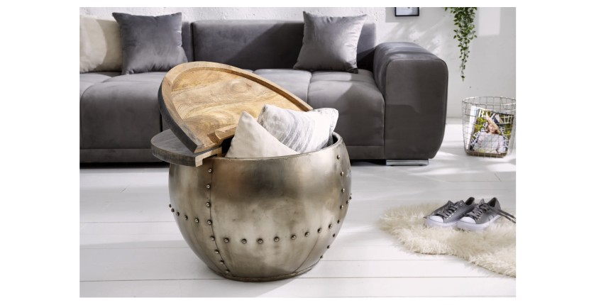 Table basse ORVIK 68cm en bois de manguier foncé ouverte
