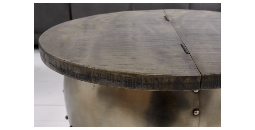Zoom sur la tranche du plateau de la table basse ORVIK 68cm en bois de manguier foncé