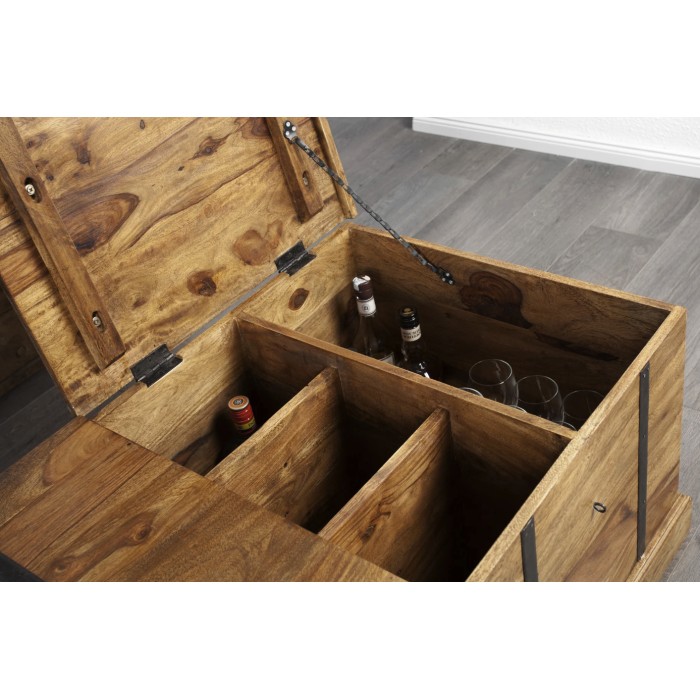 Tavolino da salotto cassapanca TRESORO 100 cm in legno massello di Sheesham con porta bottiglie