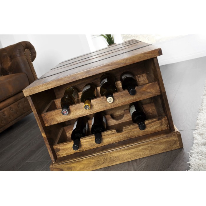 Tavolino da salotto cassapanca TRESORO 100 cm in legno massello di Sheesham con porta bottiglie