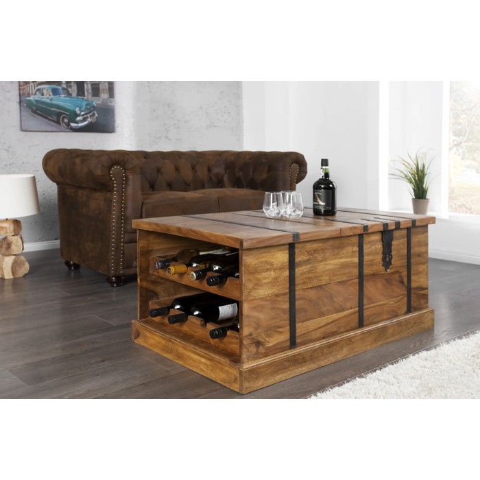 Tavolino da salotto cassapanca TRESORO 100 cm in legno massello di Sheesham con porta bottiglie