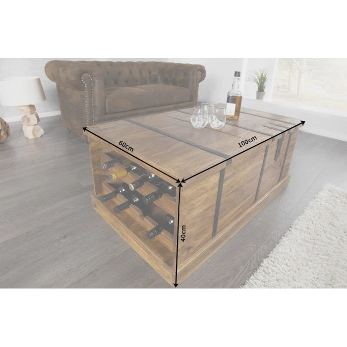 Tavolino da salotto cassapanca TRESORO 100 cm in legno massello di Sheesham con porta bottiglie