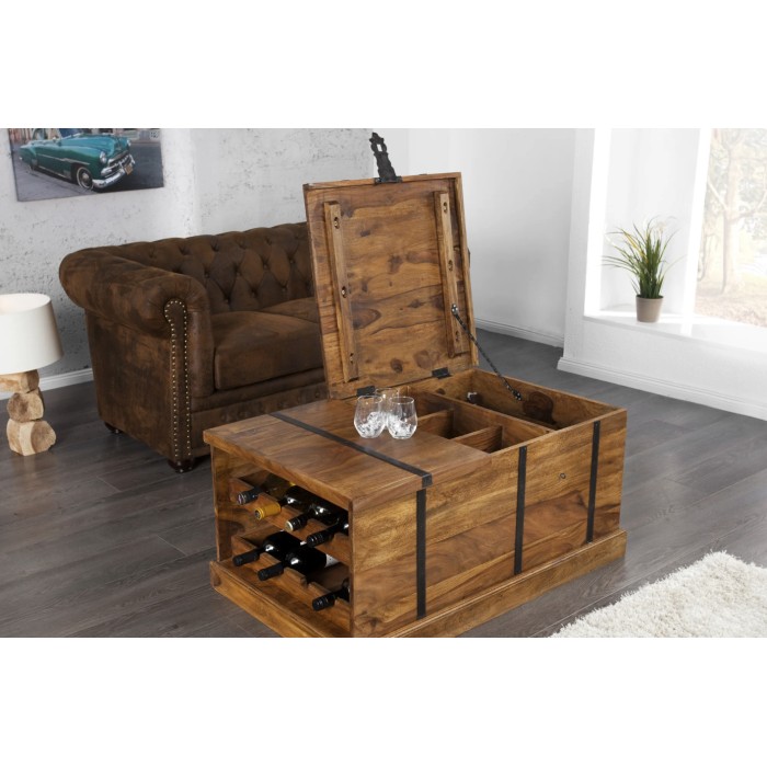 Tavolino da salotto cassapanca TRESORO 100 cm in legno massello di Sheesham con porta bottiglie