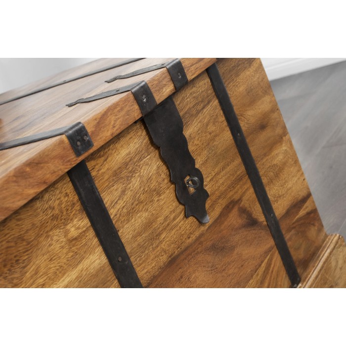 Tavolino da salotto cassapanca TRESORO 100 cm in legno massello di Sheesham con porta bottiglie
