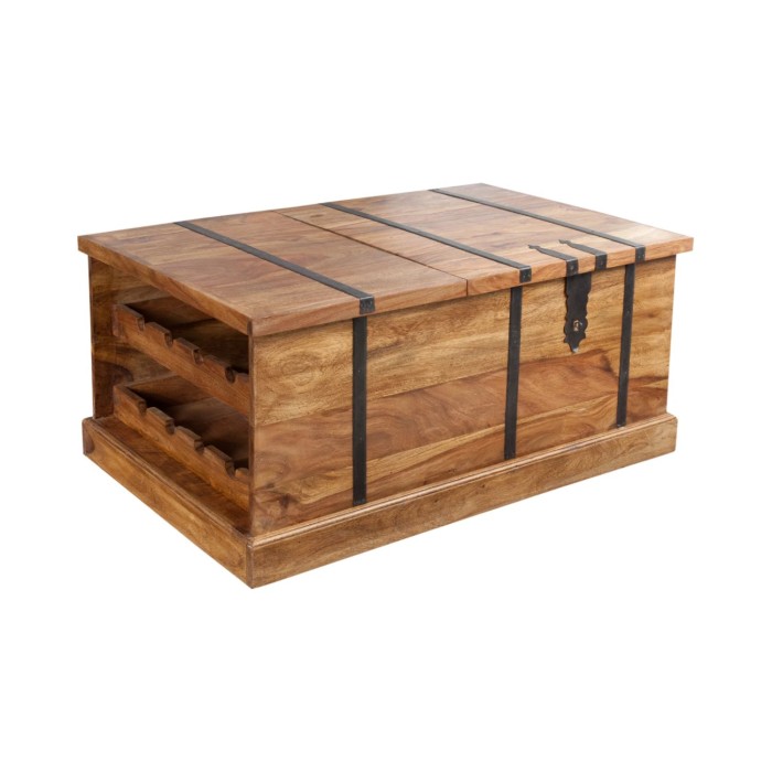 Tavolino da salotto cassapanca TRESORO 100 cm in legno massello di Sheesham con porta bottiglie