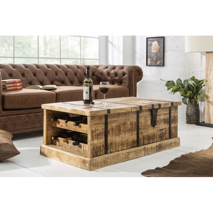 Tavolino da salotto baule TRESORO 100 cm in legno di mango massiccio con porta bottiglie