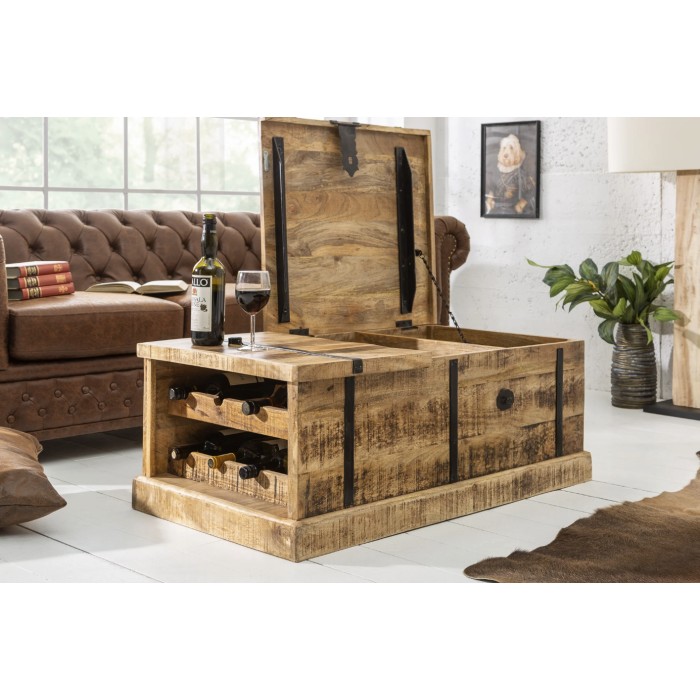 Tavolino da salotto baule TRESORO 100 cm in legno di mango massiccio con porta bottiglie
