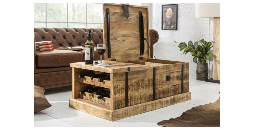Table basse TRESORO 100cm en bois de manguier clair ouverte
