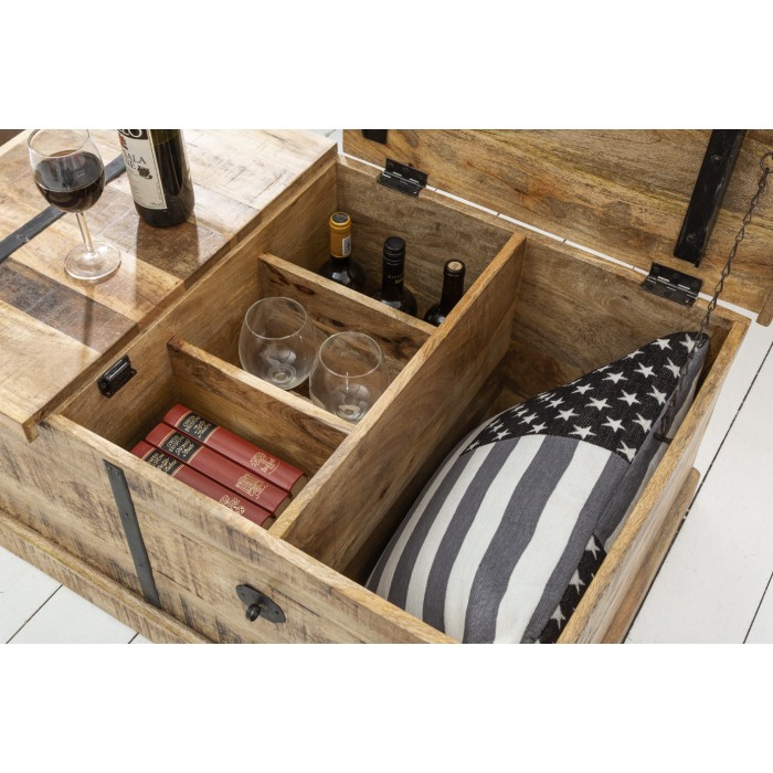 Tavolino da salotto baule TRESORO 100 cm in legno di mango massiccio con porta bottiglie
