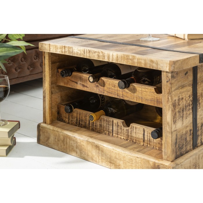 Tavolino da salotto baule TRESORO 100 cm in legno di mango massiccio con porta bottiglie