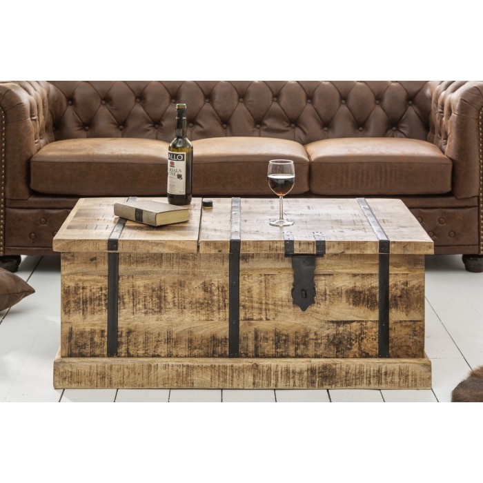 Tavolino da salotto baule TRESORO 100 cm in legno di mango massiccio con porta bottiglie