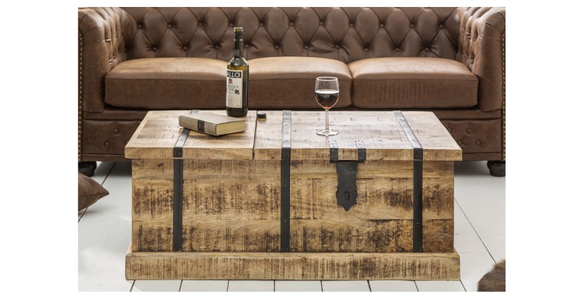 Table basse TRESORO 100cm en bois de manguier clair vue de face