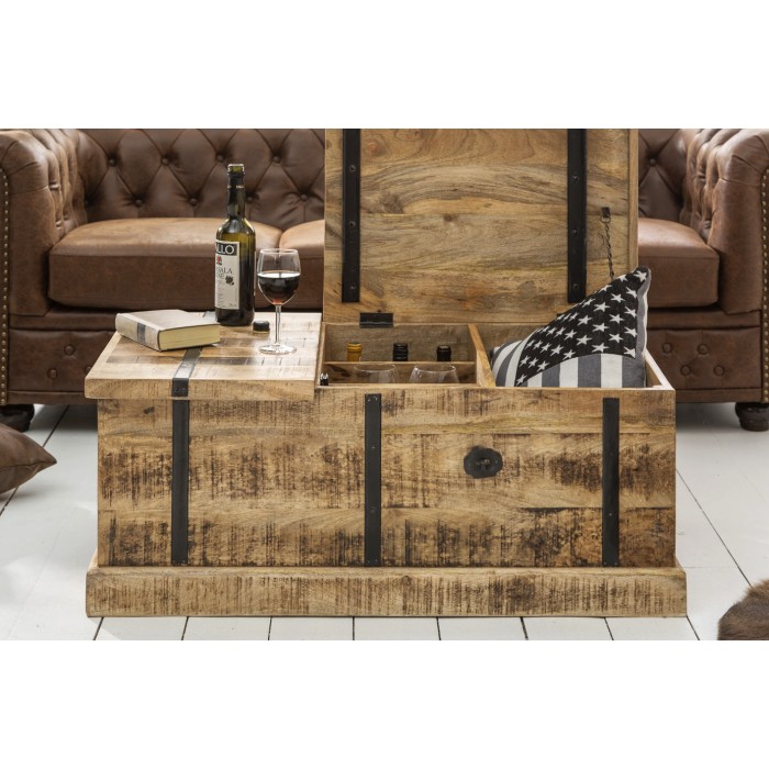 Tavolino da salotto baule TRESORO 100 cm in legno di mango massiccio con porta bottiglie