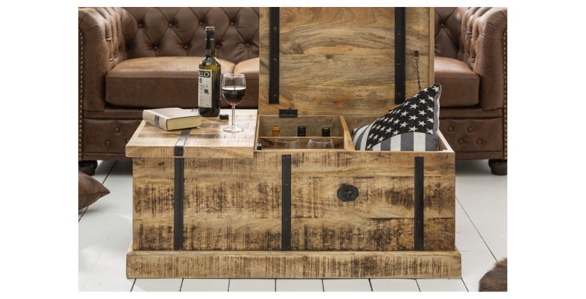 Zoom sur l'ouverture de la table basse TRESORO 100cm en bois de manguier clair