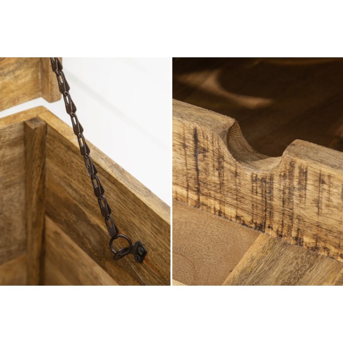 Tavolino da salotto baule TRESORO 100 cm in legno di mango massiccio con porta bottiglie