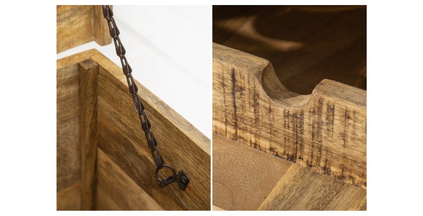 Zoom sur le système d'ouverture de la table basse TRESORO 100cm en bois de manguier clair