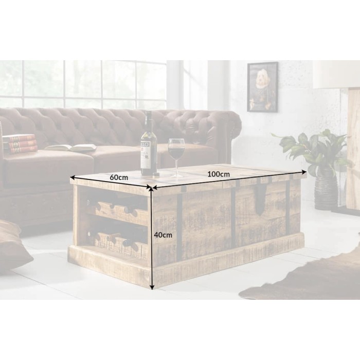 Tavolino da salotto baule TRESORO 100 cm in legno di mango massiccio con porta bottiglie