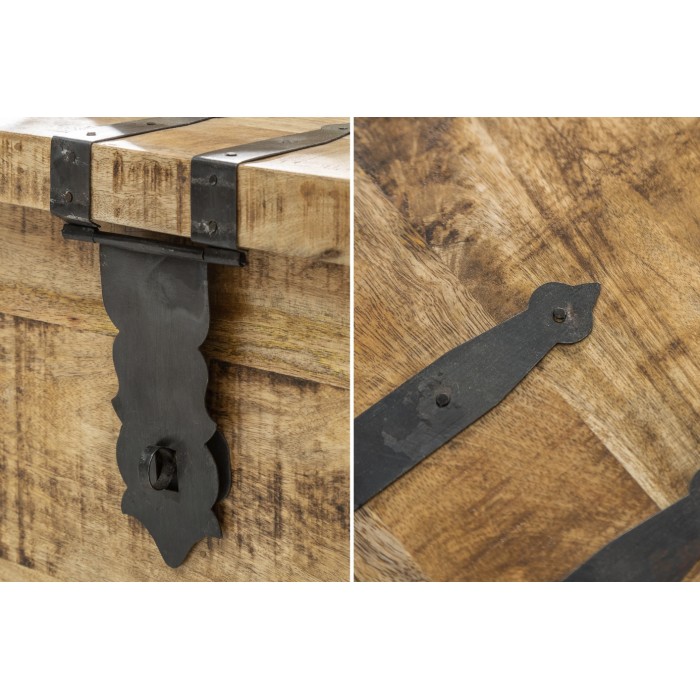 Tavolino da salotto baule TRESORO 100 cm in legno di mango massiccio con porta bottiglie