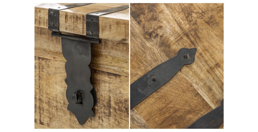 Zoom sur les détails de la table basse TRESORO 100cm en bois de manguier clair