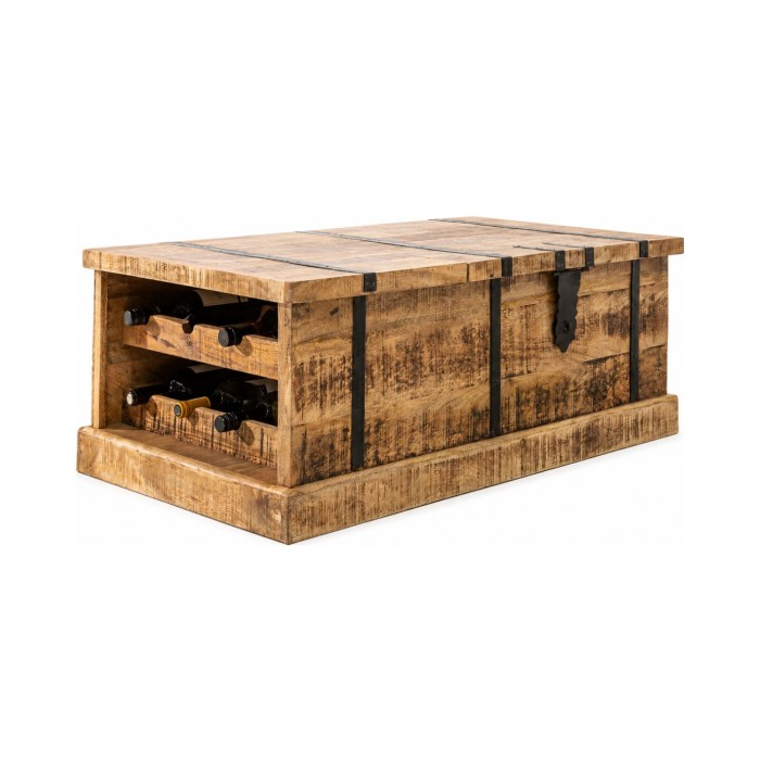 Tavolino da salotto baule TRESORO 100 cm in legno di mango massiccio con porta bottiglie