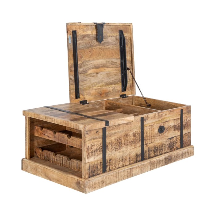 Tavolino da salotto baule TRESORO 100 cm in legno di mango massiccio con porta bottiglie